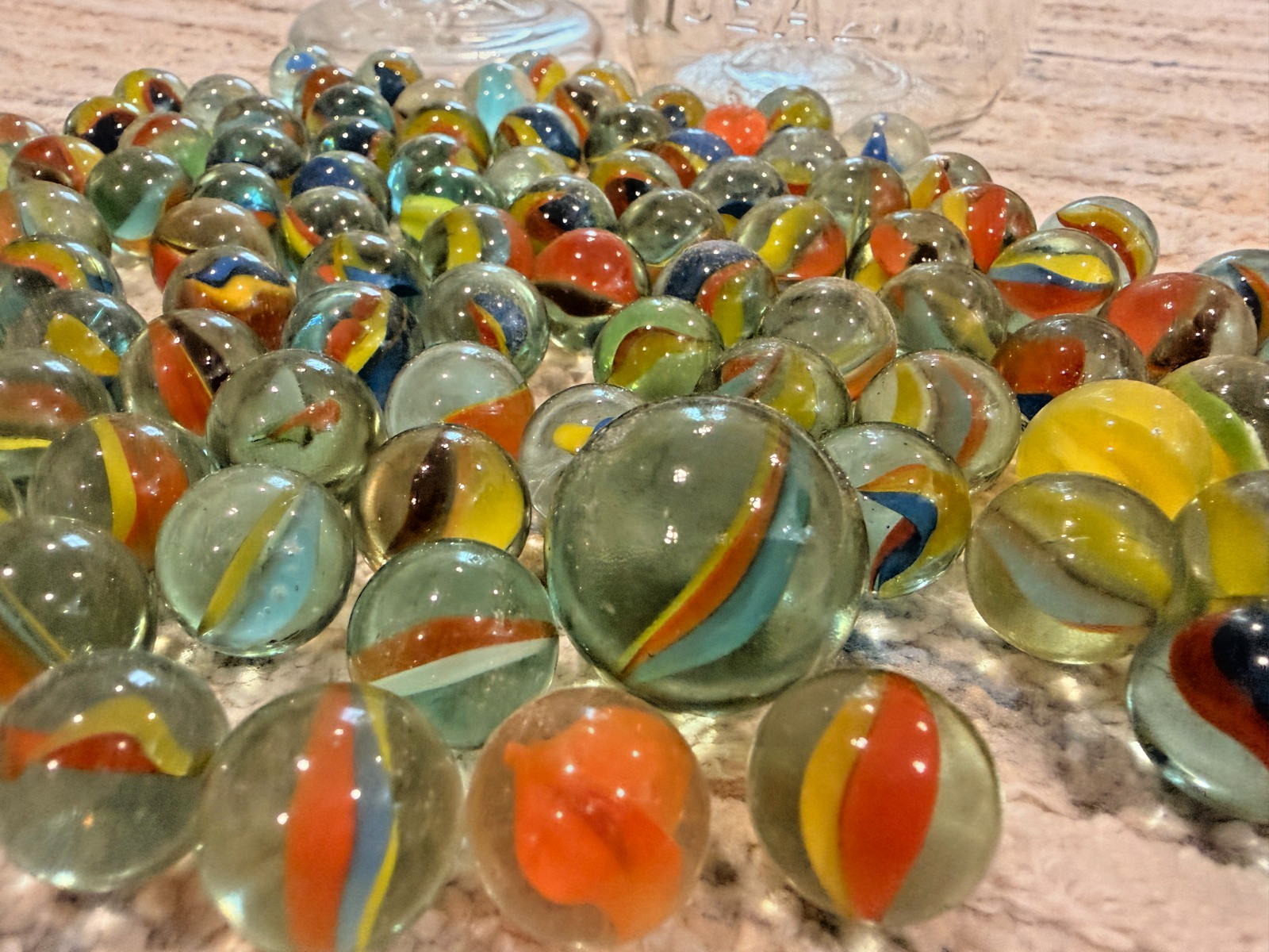 Vintage Ball Ideal Glass Mason Jar Filled with 1 Lb Cat’s Eye Marbles Shooters