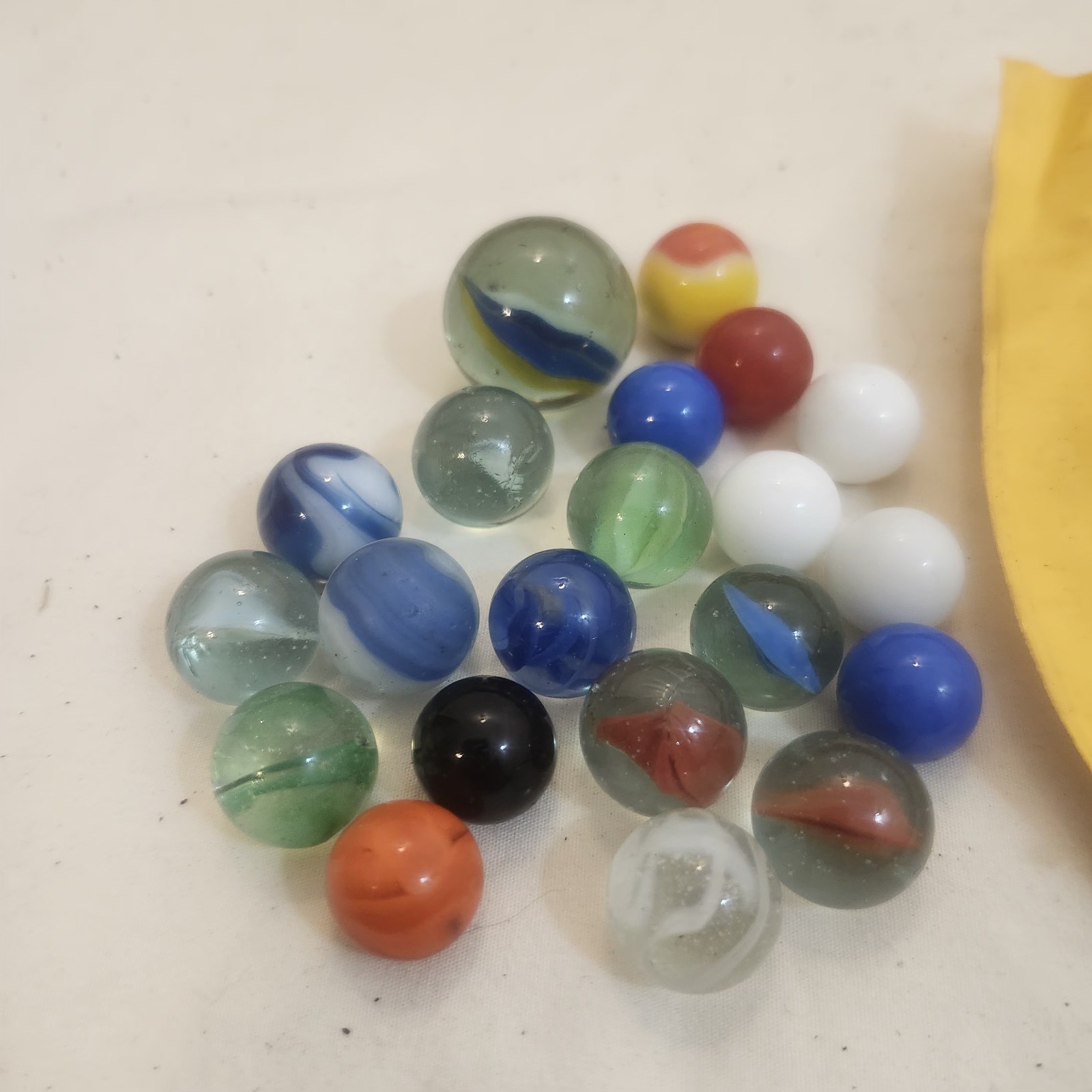 Lot Of 20 Colorful Glass Marbles With Vintage Drawstring Bag