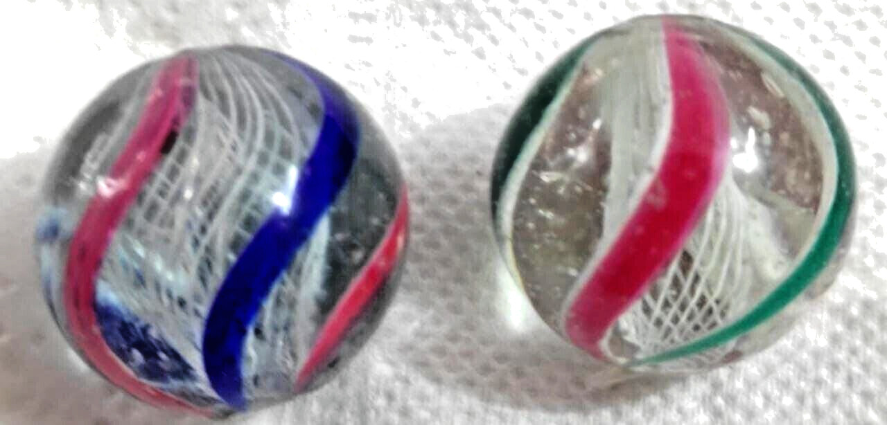 OLD TOY MARBL 2 white latticinio 4 panel ribbon swirl .2 green 2 blue 2 pink