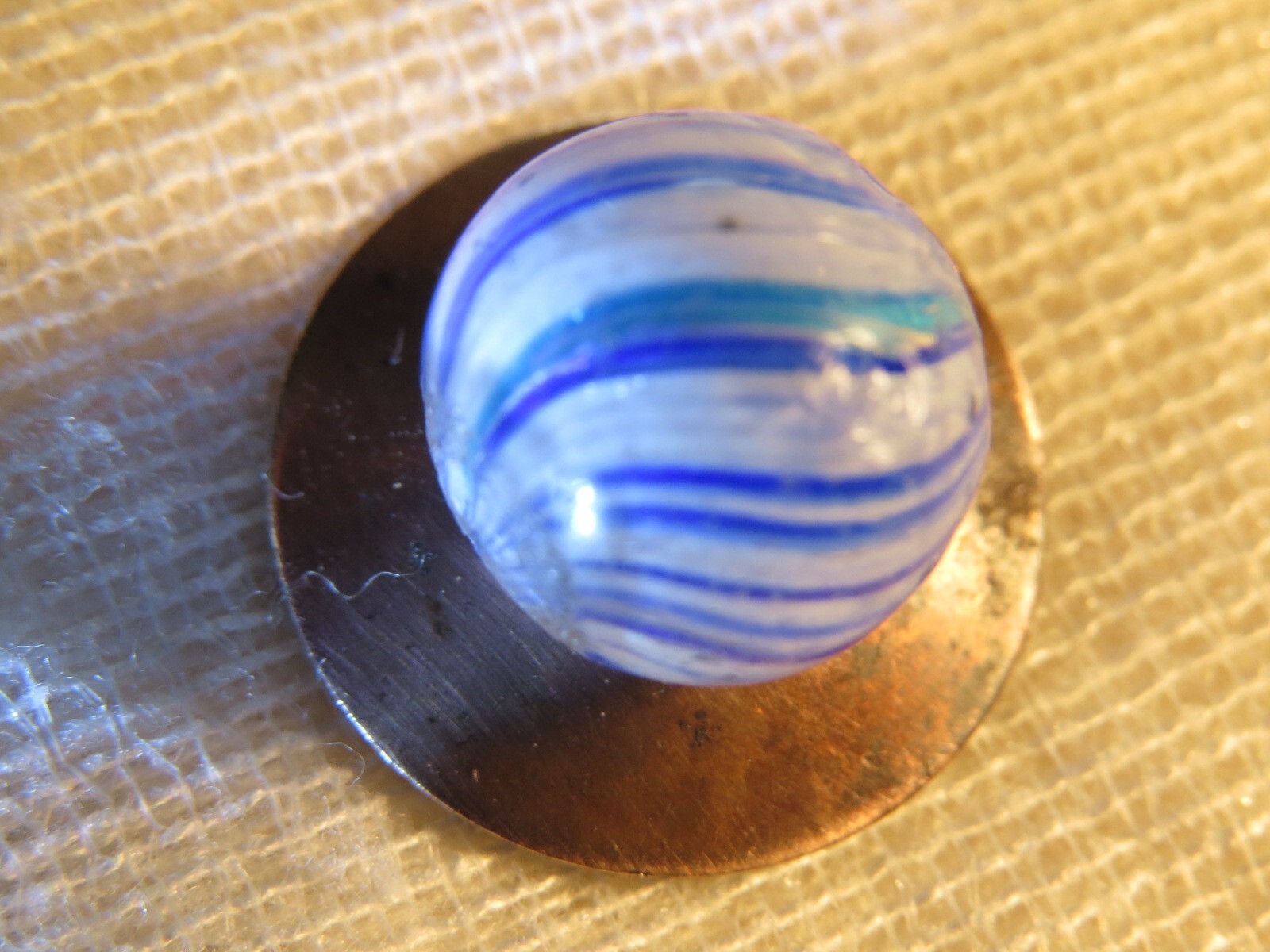 Vtg. German Handmade Onionskin Marble Blue, Teal Strands on Opaque White