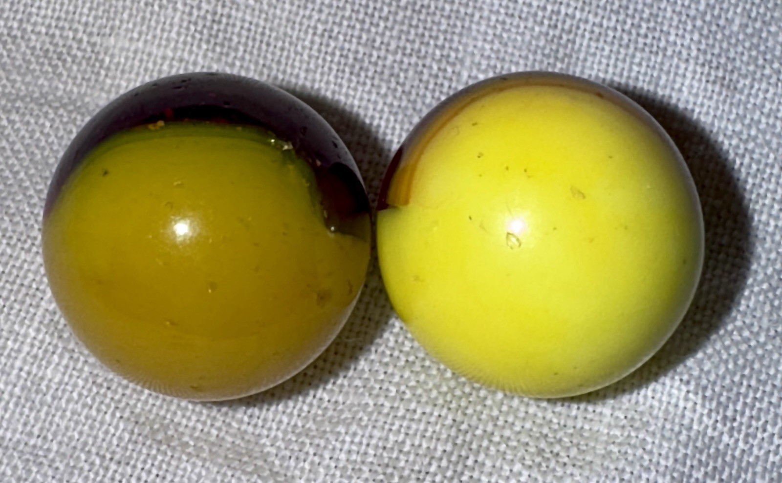2 Vintage Akro Agate Patch Marbles, Both 0.62 in & NM+
