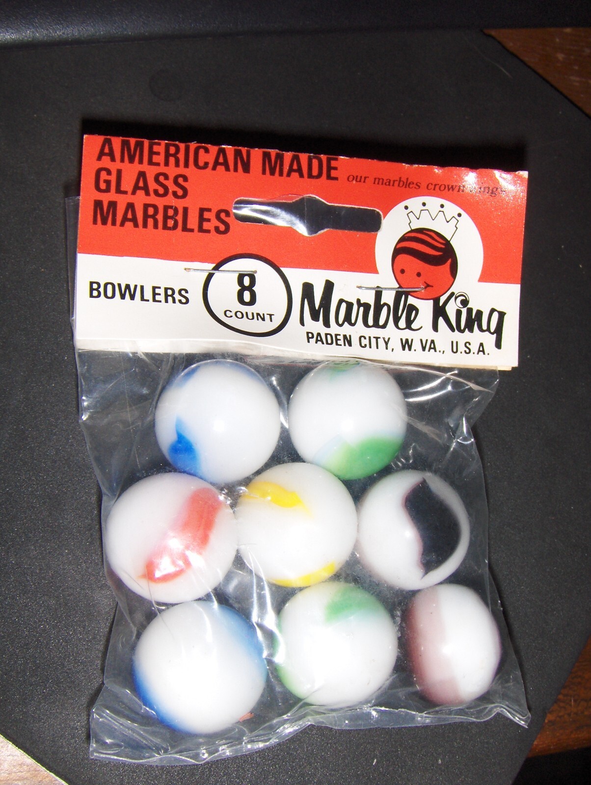 New Old Stock MARBLE King BOWLERS 8 MARBLES IN ORIGINAL PACK, 7/8 inch