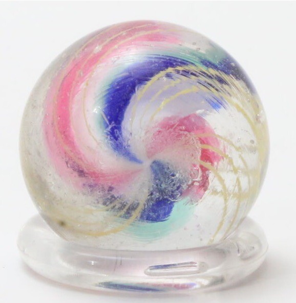 Vintage German Swirl Core 5/8″ Blue White Yellow Pink Hand Made Glass Marble