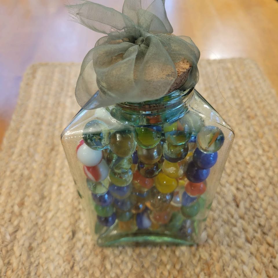 Vintage Glass Jar Is Filled With An Assortment Of VTG Marbles