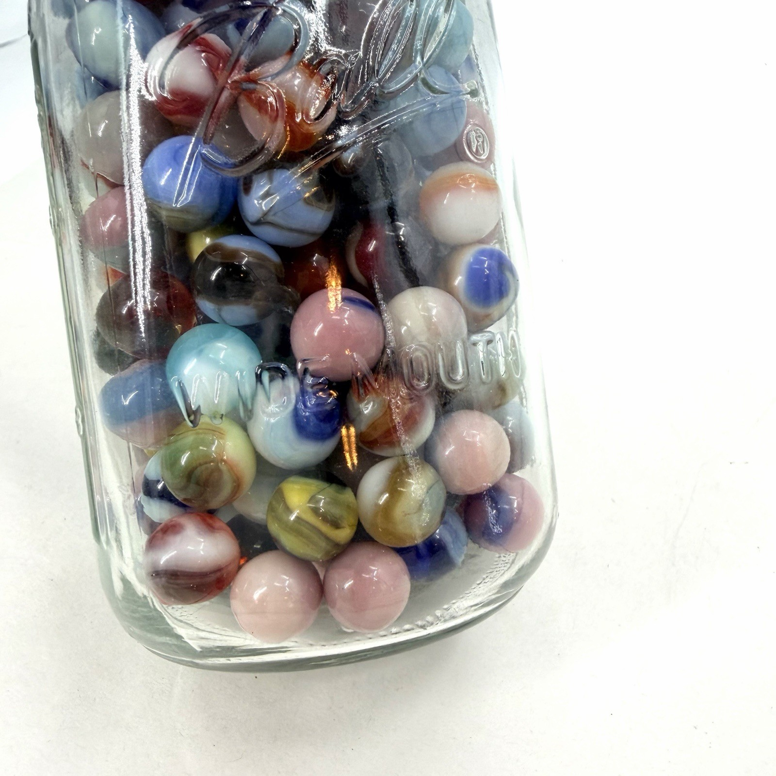 Lot of Vintage Colorful Swirl Marbles in Full Glass Ball Jar Canister 2.14 lbs