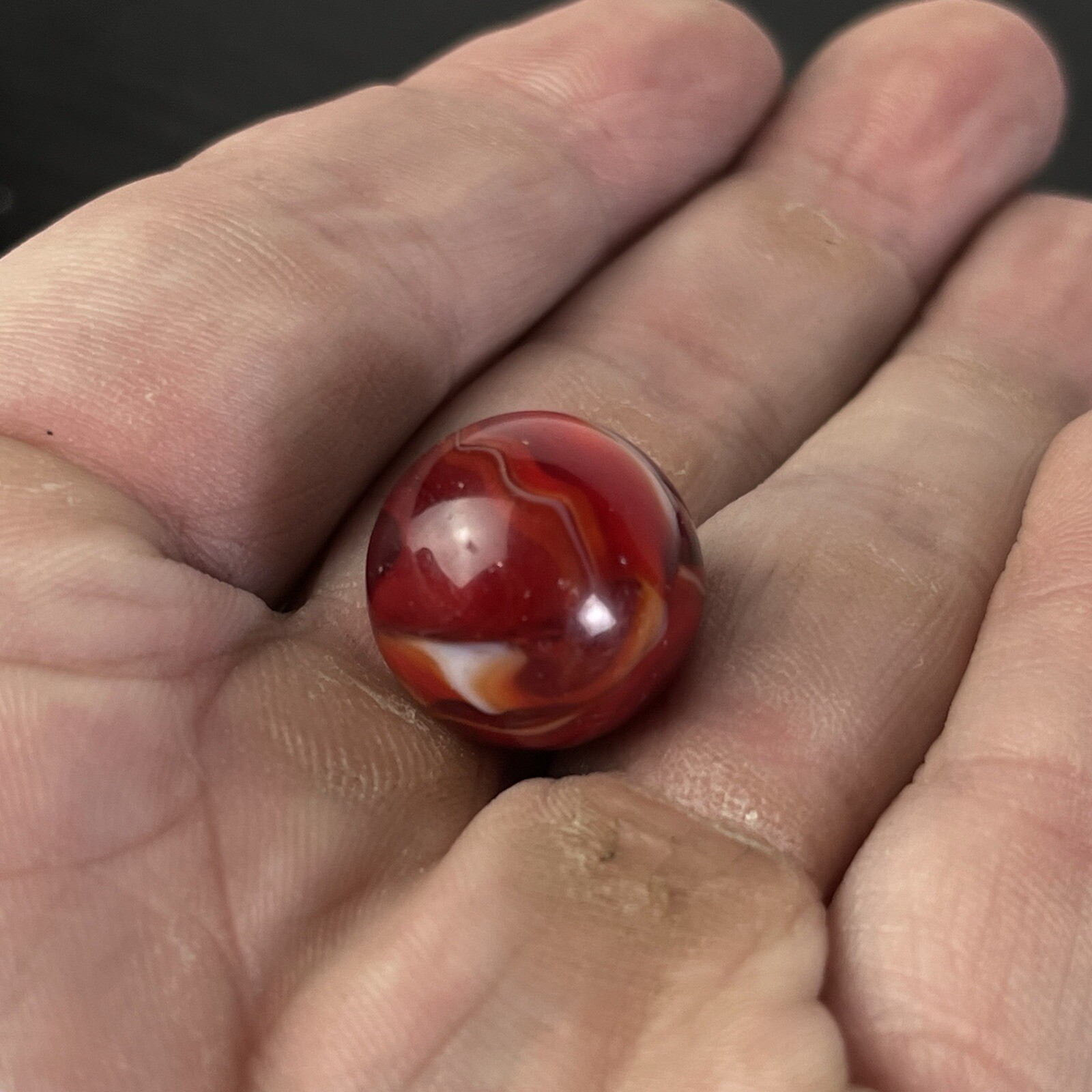 Vintage Akro Agate Peltier Art Swirl Glass .64 Marble Red Black White Orange