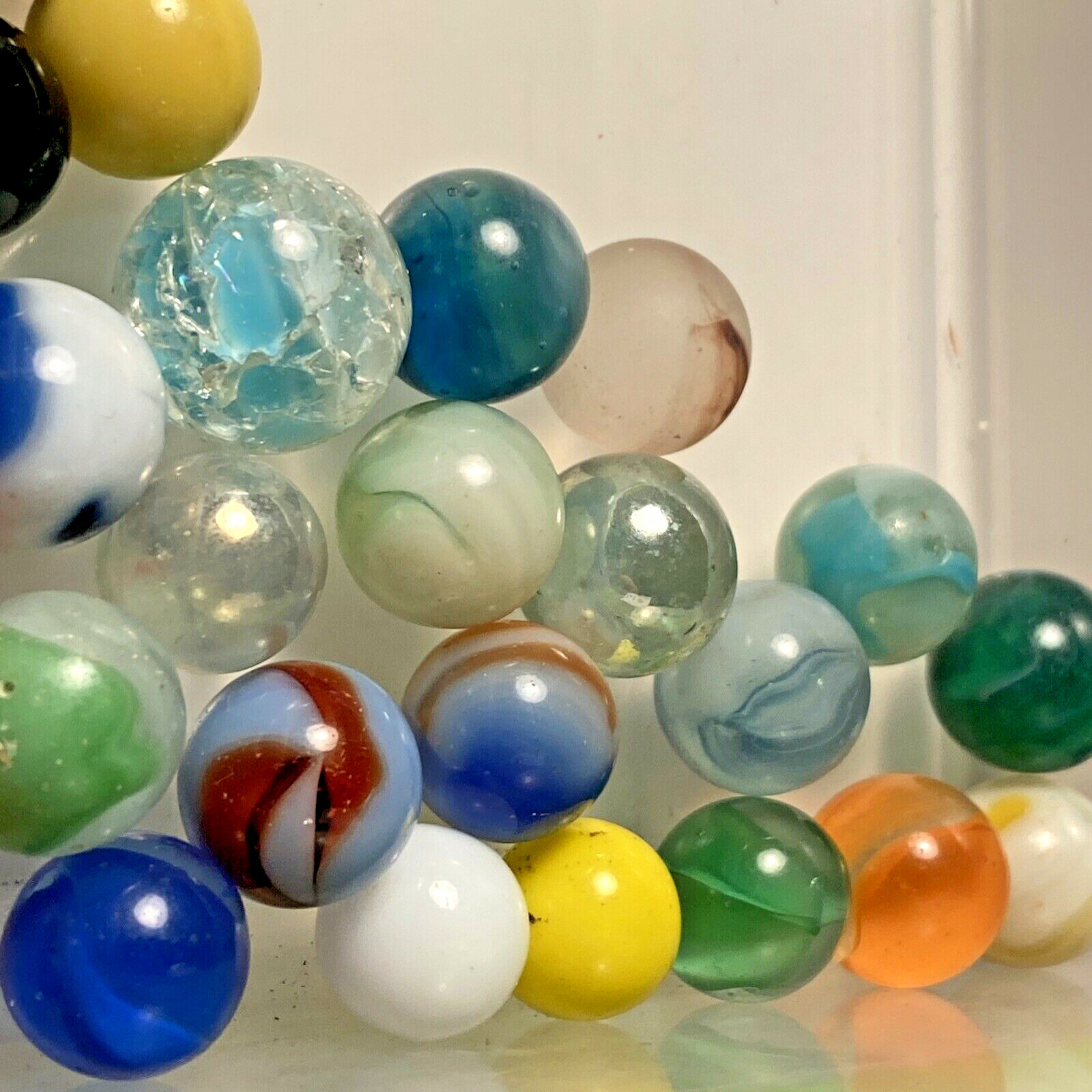 Vintage ? Lot of 34 Marbles Glass Crackle Blue Solid Yellow Green Orange Toy