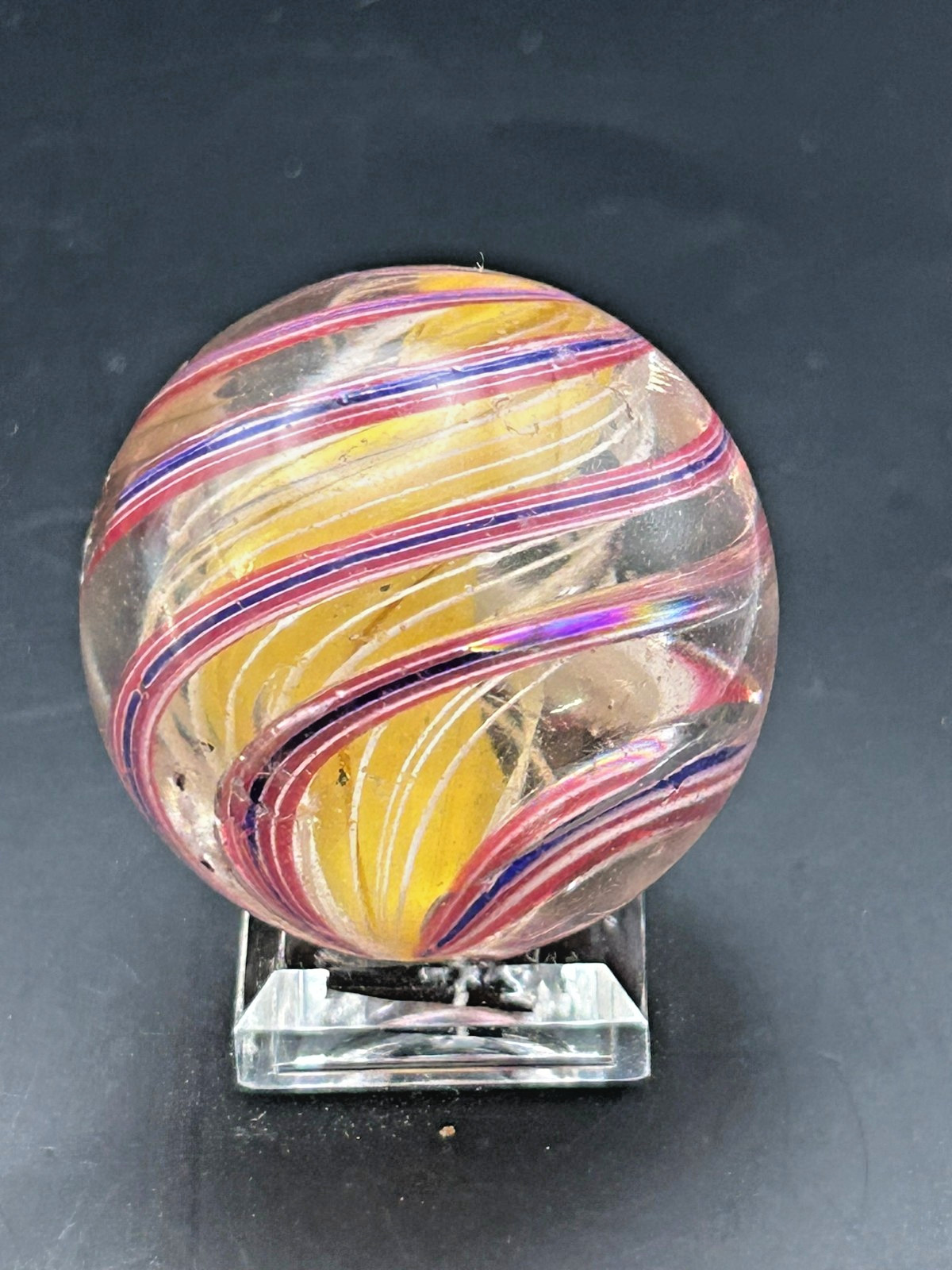 Antique German 3 Stage Solid Core Latticino Ribbon Marble 1 15/32″ NM+ E3.1