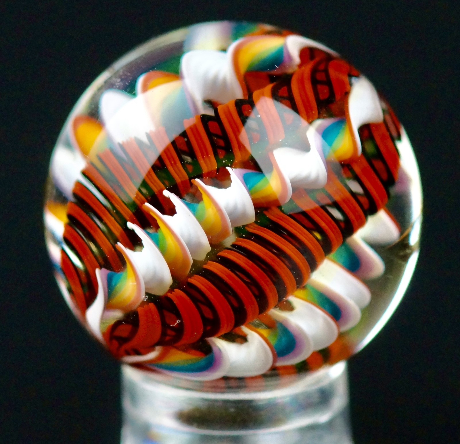 Bryan Trillas Glass Marble/Filigree Cane/UV/White Rainbow Red & Black/0.8-0.9 in