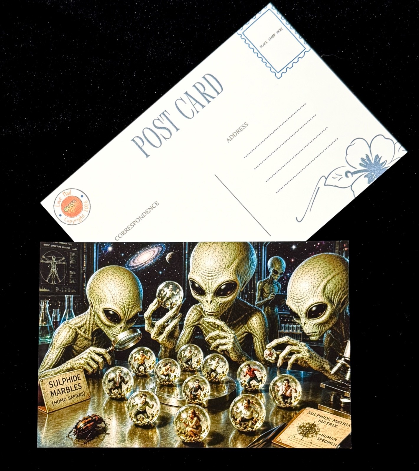 Alien Marble Collectors Examining Human Sulphides Art Postcard