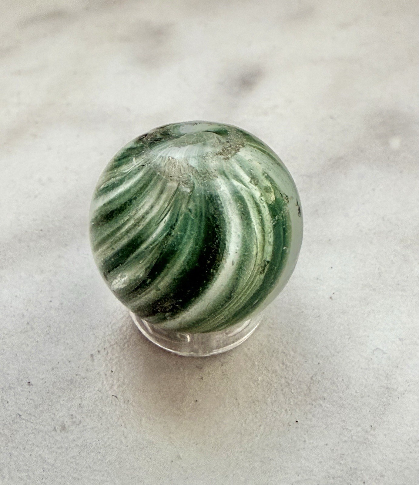 Antique German Handmade Onionskin Glass Marble Green Swirl 5/8” Ground Pontil