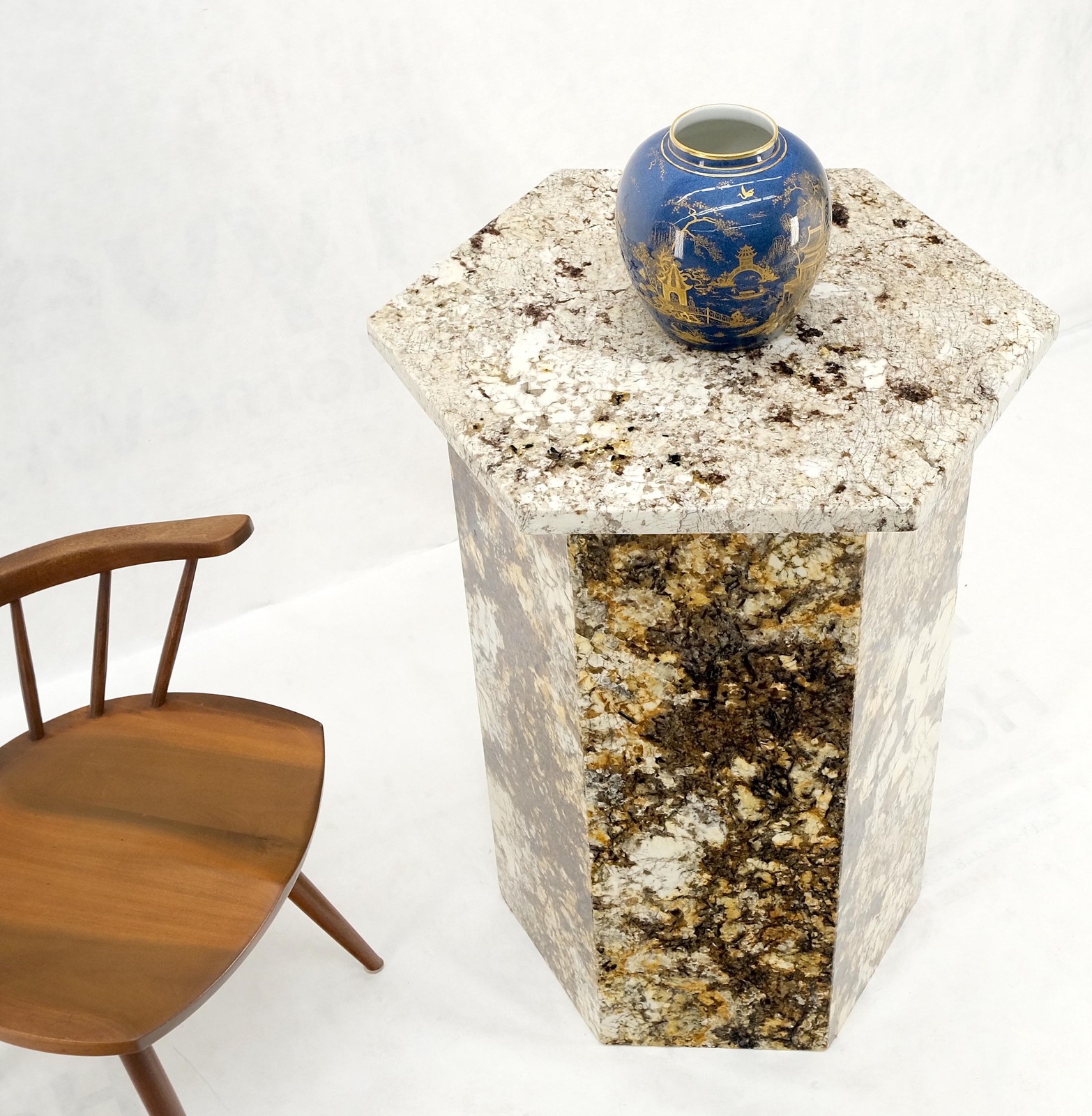 Large Polished Marble Stone Hexagon Shape 38″ Tall Pedestal MINT!