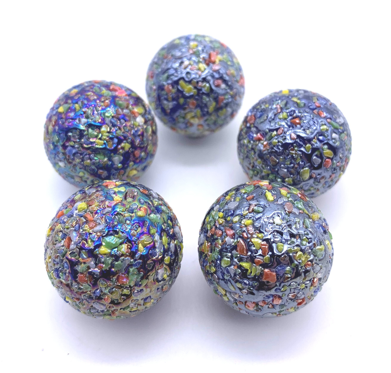 Pack 5 25mm Glitterbomb Glass Marble Shooters Iridescent w Lots of Rainbow Frit