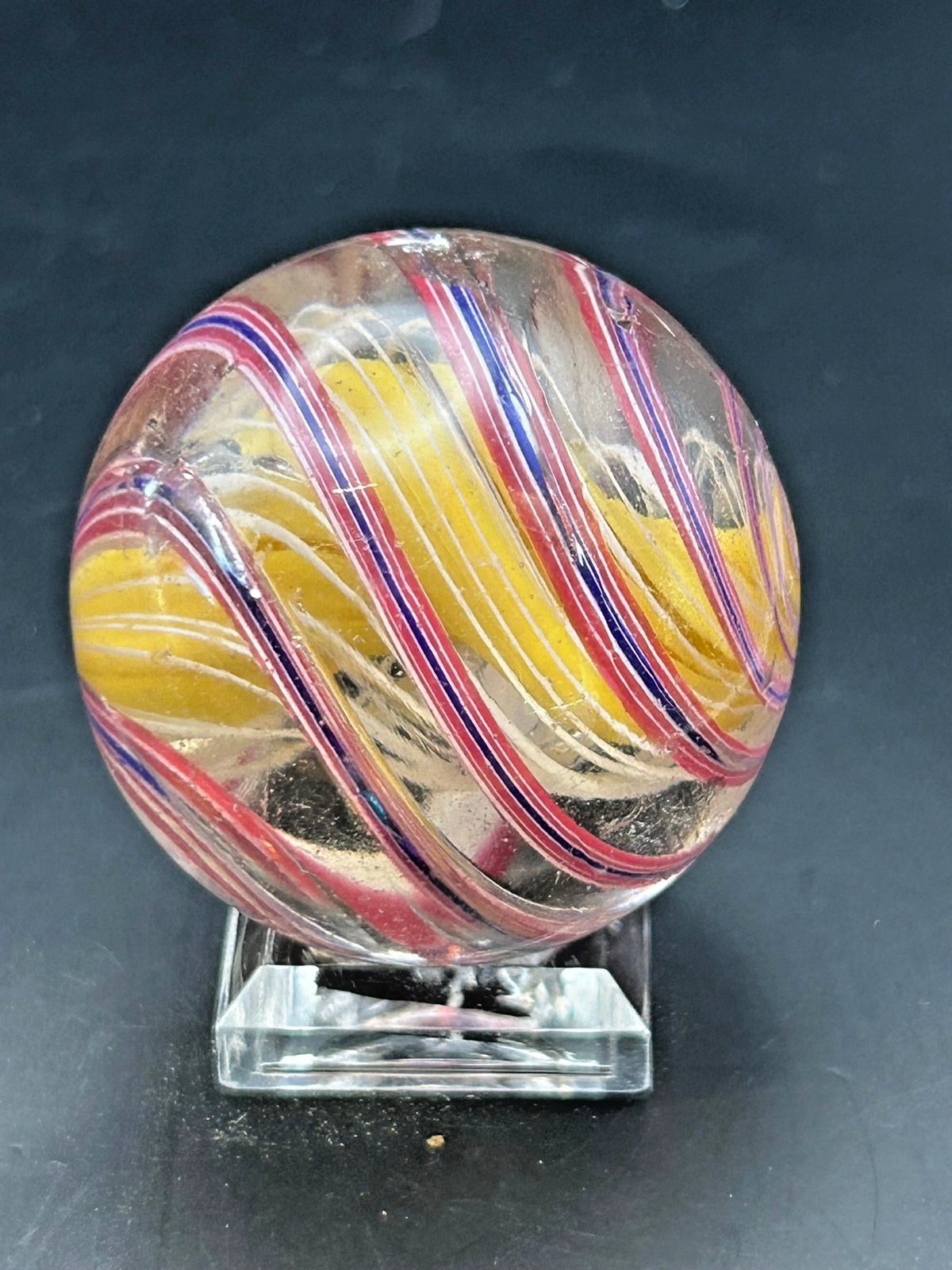 Antique German 3 Stage Solid Core Latticino Ribbon Marble 1 15/32″ NM+ E3.1