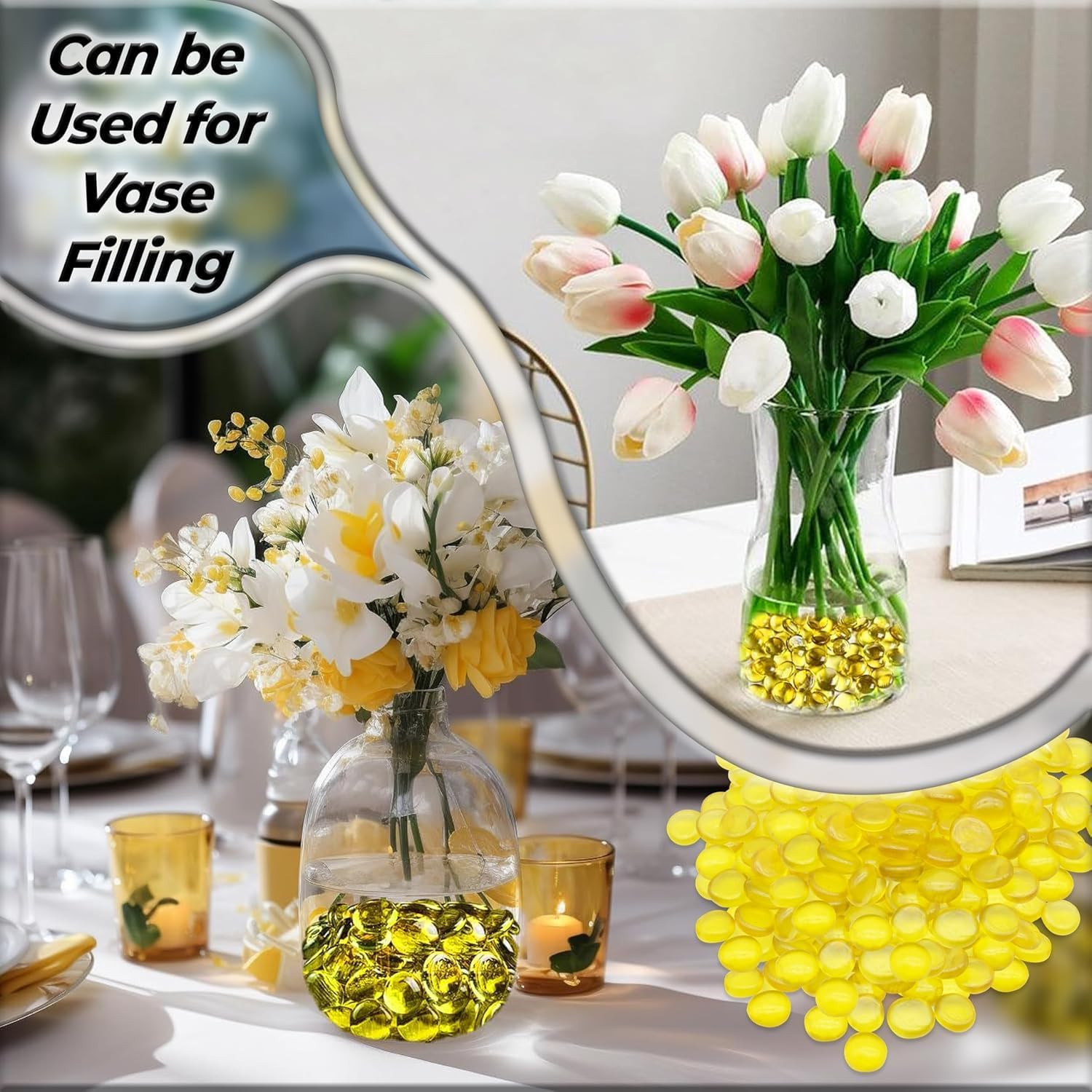 Flat Glass Marbles Yellow – 1 Lb (100 Pcs, 17–20 Mm) Decorative Glass Pebbles, S