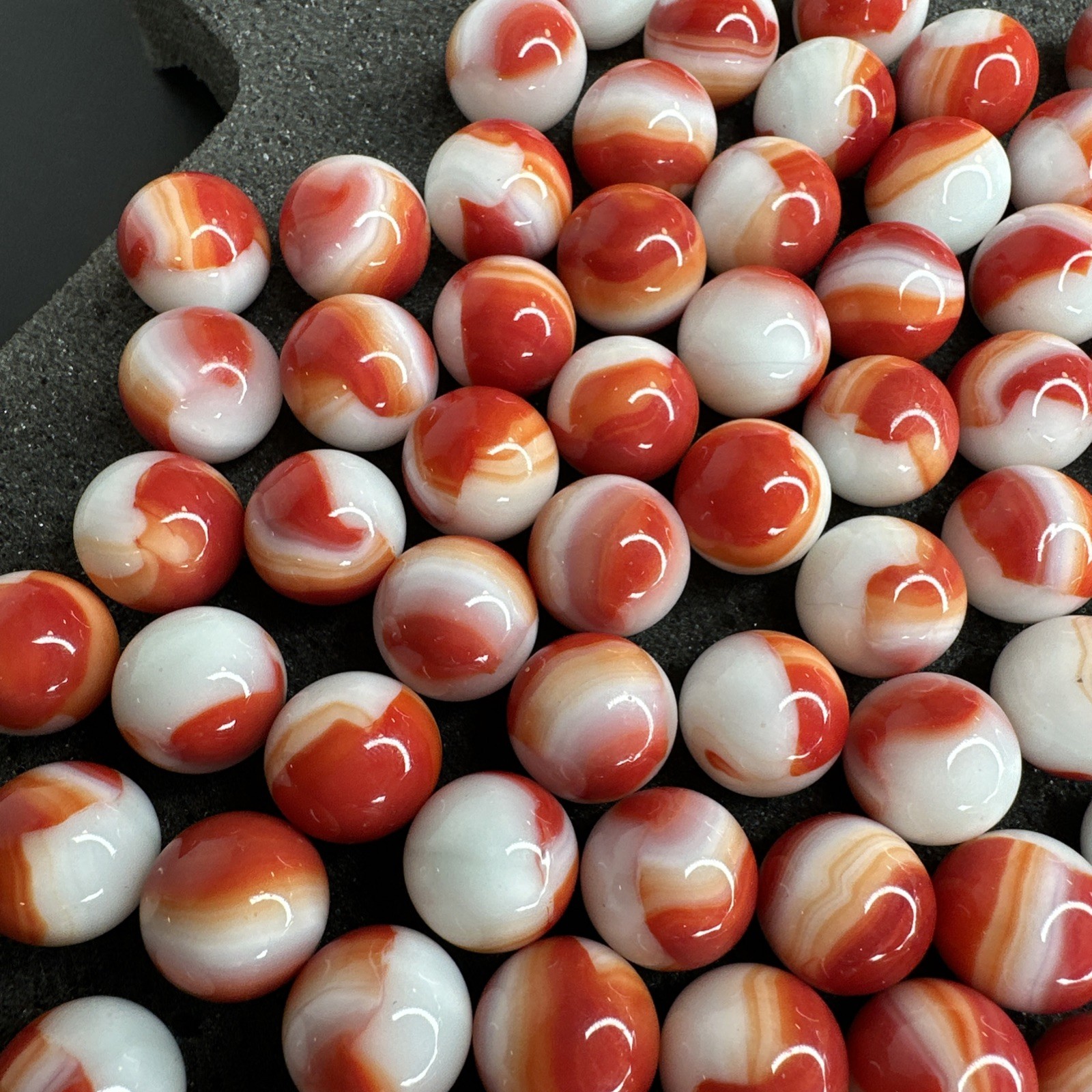 Lot of 80 Marble King Red Orange White Marbles .58″-.62″ Size Range