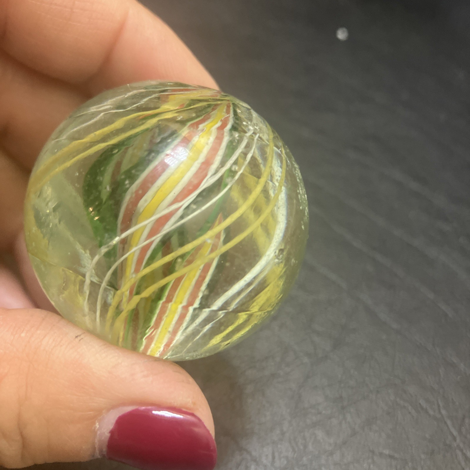 German Handmade Ribbon-Core Swirl Marble ~23mm Multicolor w/ White Cage (1As)