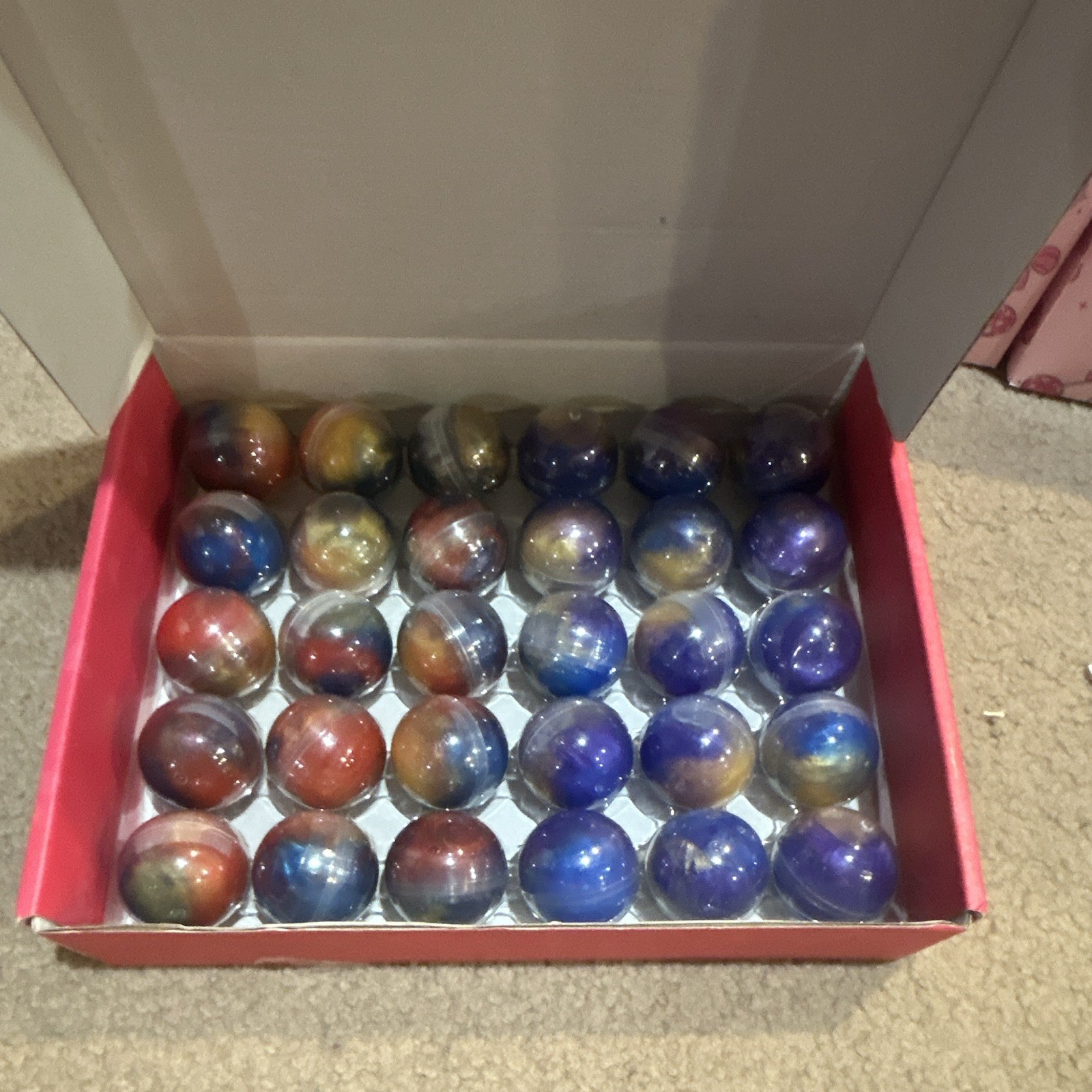 Lot of 30 Multicolor Swirl Glass Machine-Made Toy Marbles in Box