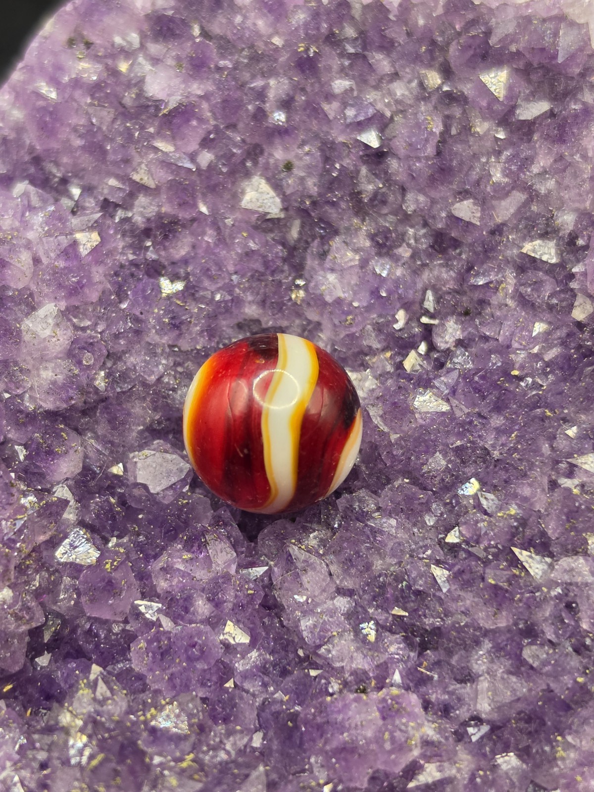 Vintage Beautiful Two Toned Red & White Stripe/Swirl HTF Marble Akro oxblood