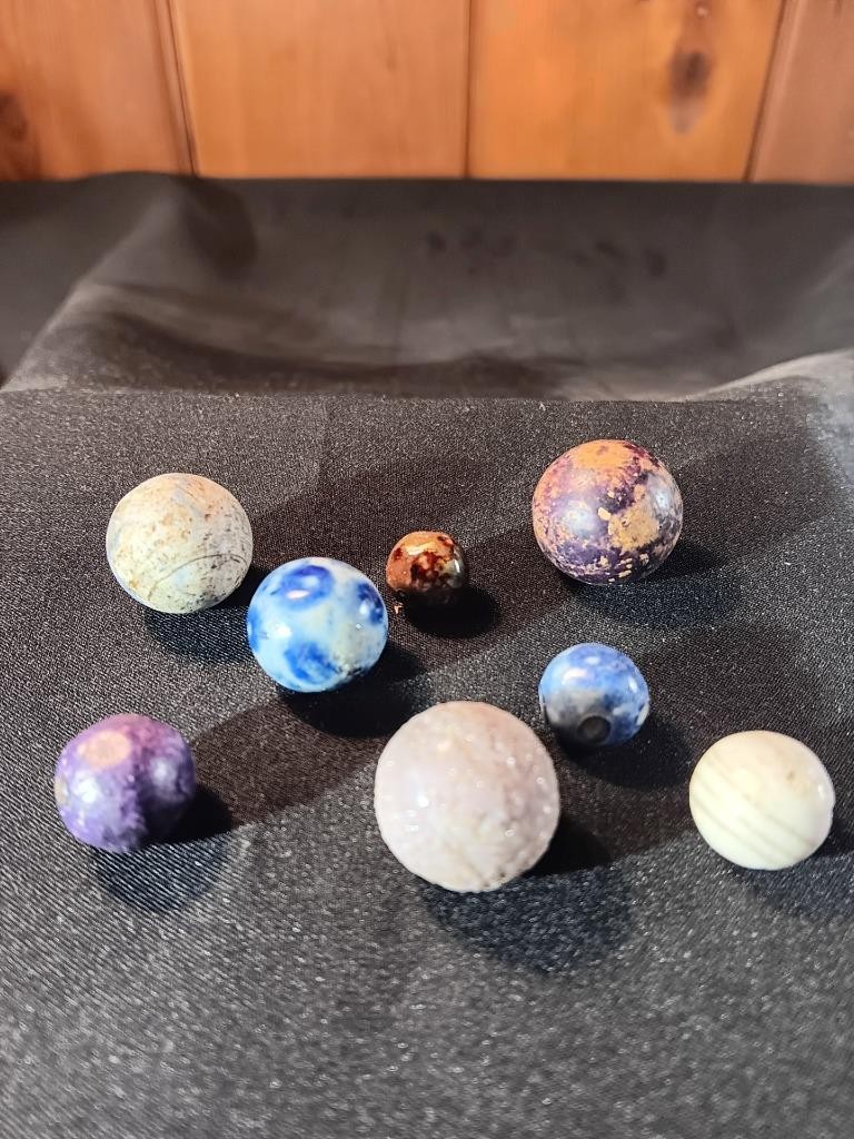 Eight Colorful Antique Pre Civil War Salt Glazed Clay Marbles 3/8″ to 3/4″ A959