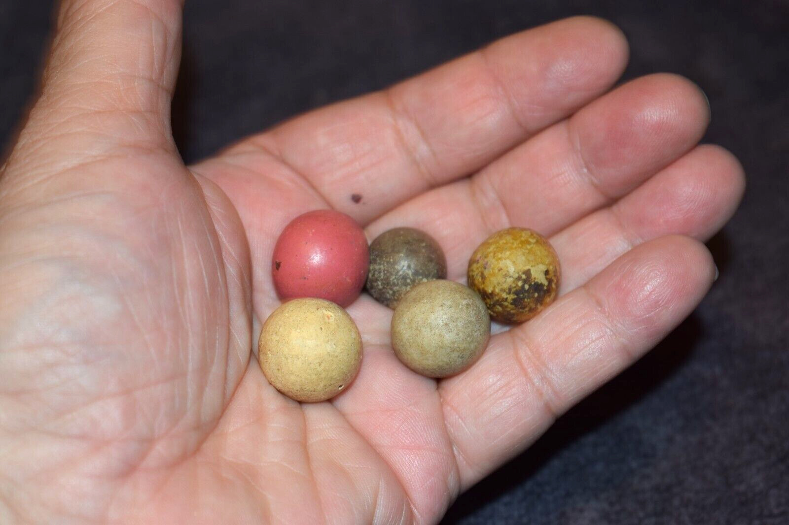 Antique 1800s Victorian era Clay Marbles Lot of 5 Various Size Range .812- .640″