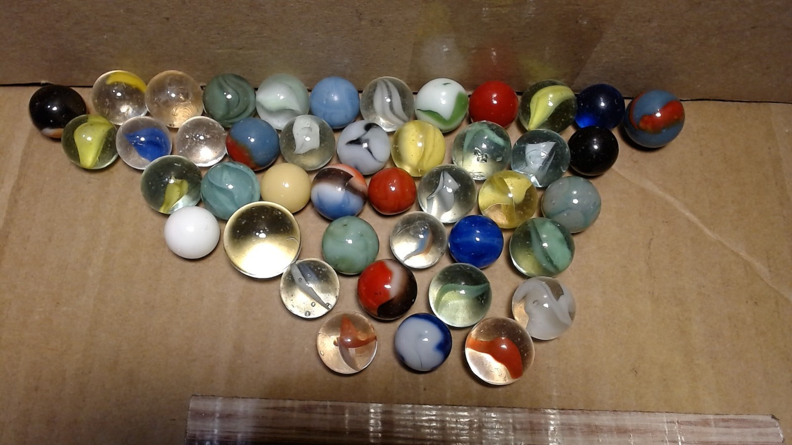 Glass Marbles (43) w/ Decorative Glass Container Have Wear