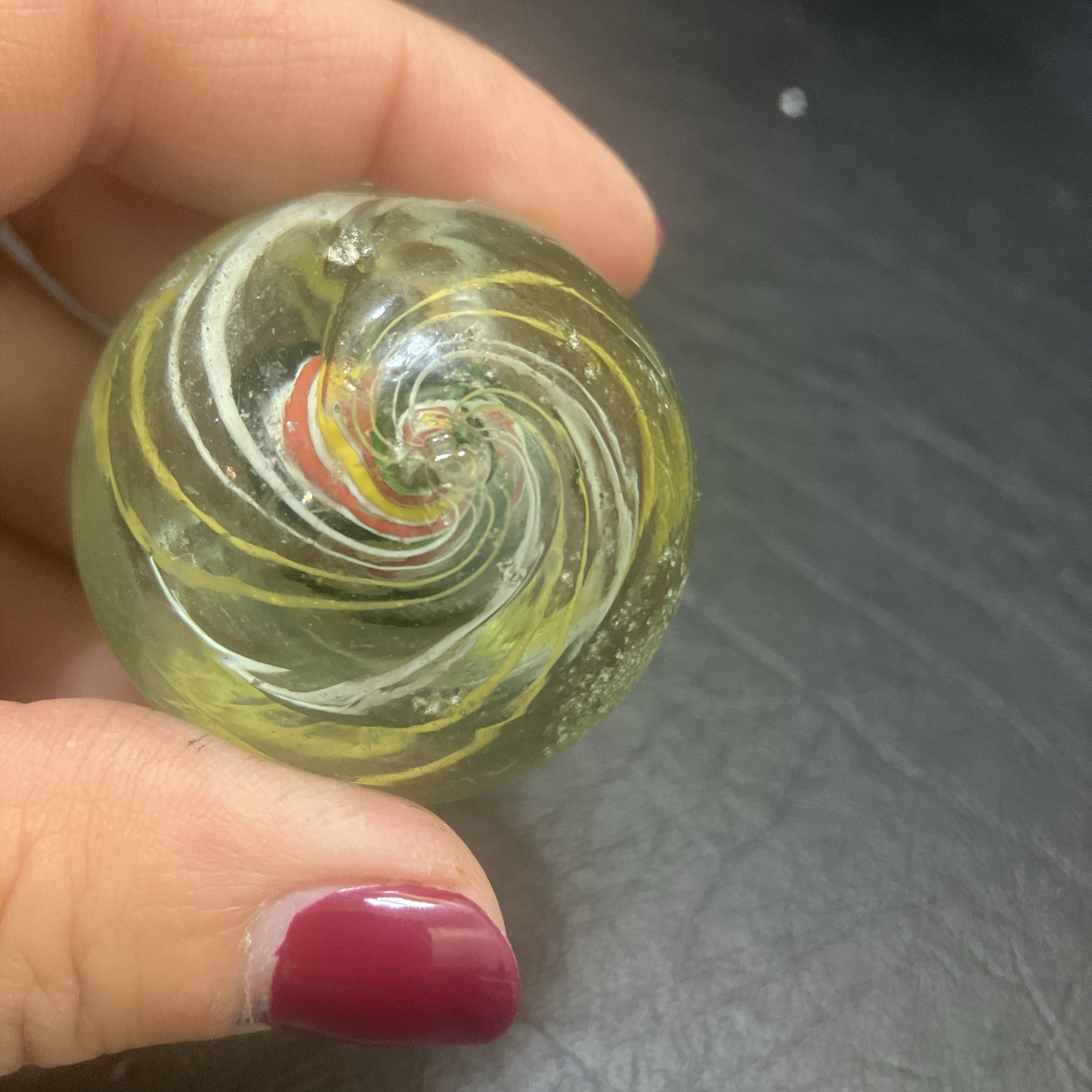 German Handmade Ribbon-Core Swirl Marble ~23mm Multicolor w/ White Cage (1As)