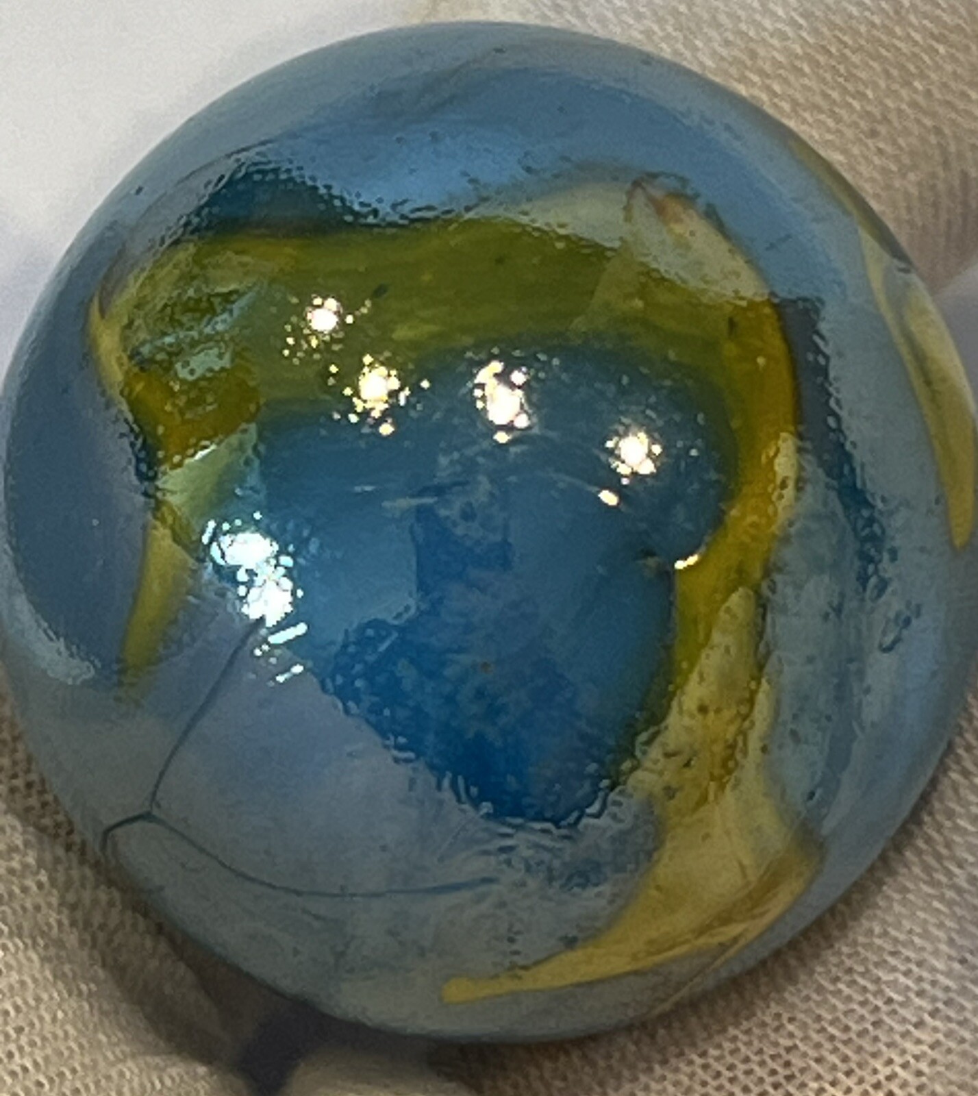 MERXICO Large Shooter Marble Blue Yellow Iridescent Glass Used