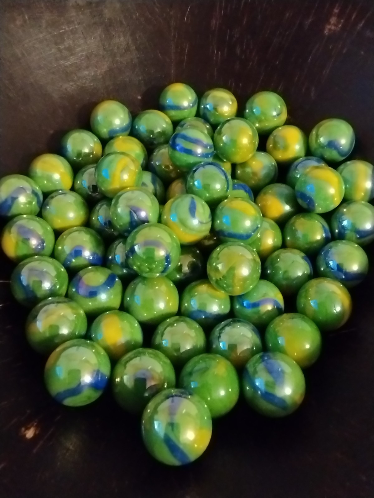 Lot of 50 Vacor Mega Marbles 16mm 5/8″ Iridescent Green Blue Swirls Player Size