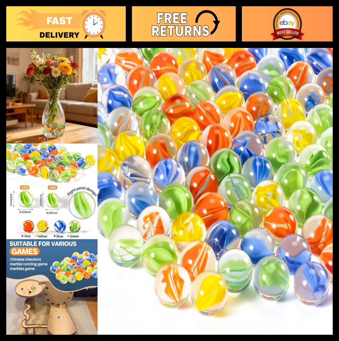 Bulk 98Pcs Cat Eye Glass Marbles – Medium Decorative Marbles for Games, Vases &