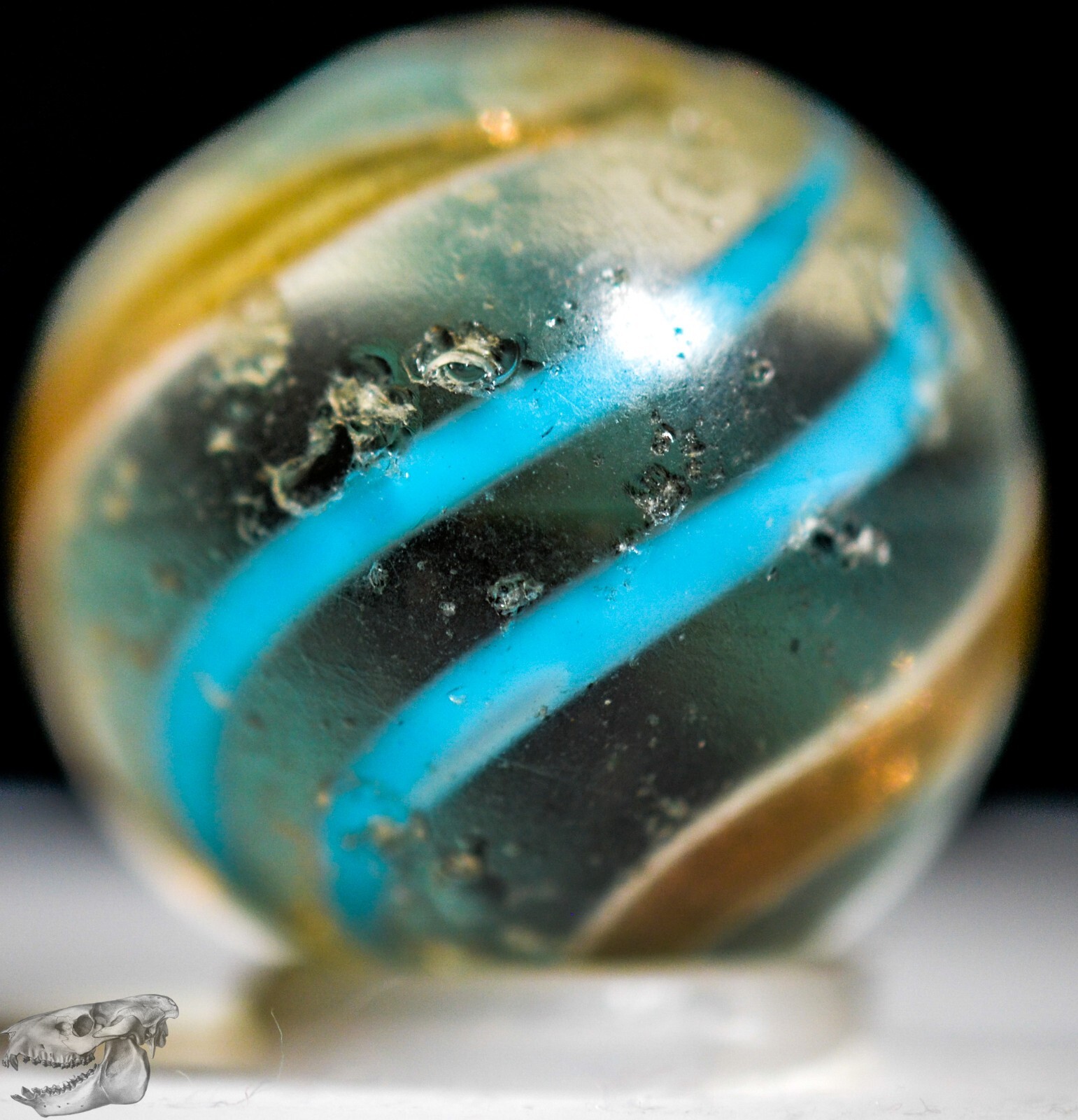Handmade Aqua Banded Lutz Marble, 25/32 in, Good+, Chip, Germany 1860-1920 S1234
