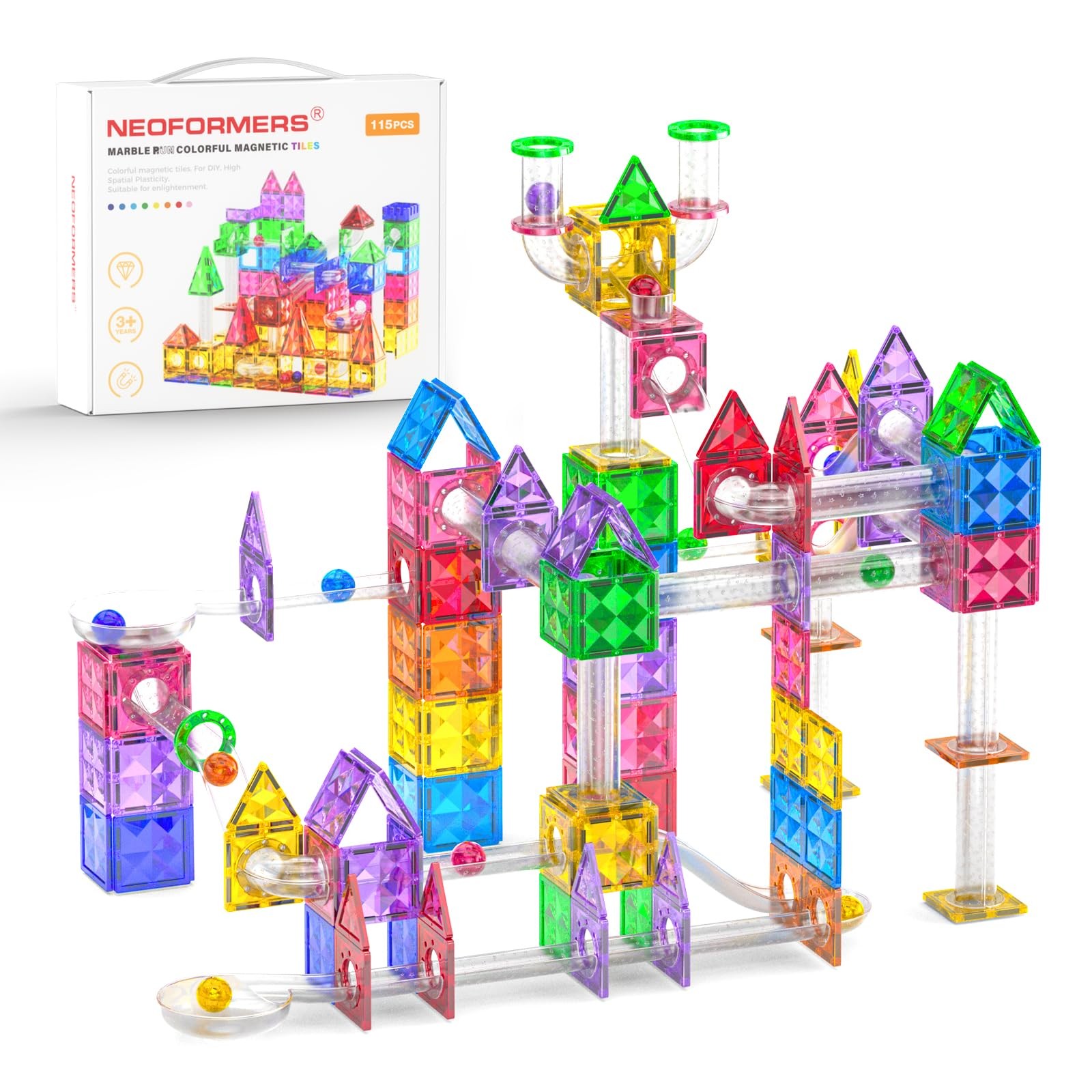 NEOFORMERS 115Pcs Magnetic Marble Run Set for Kids, STEM 4.7 x 11 x 12 inches