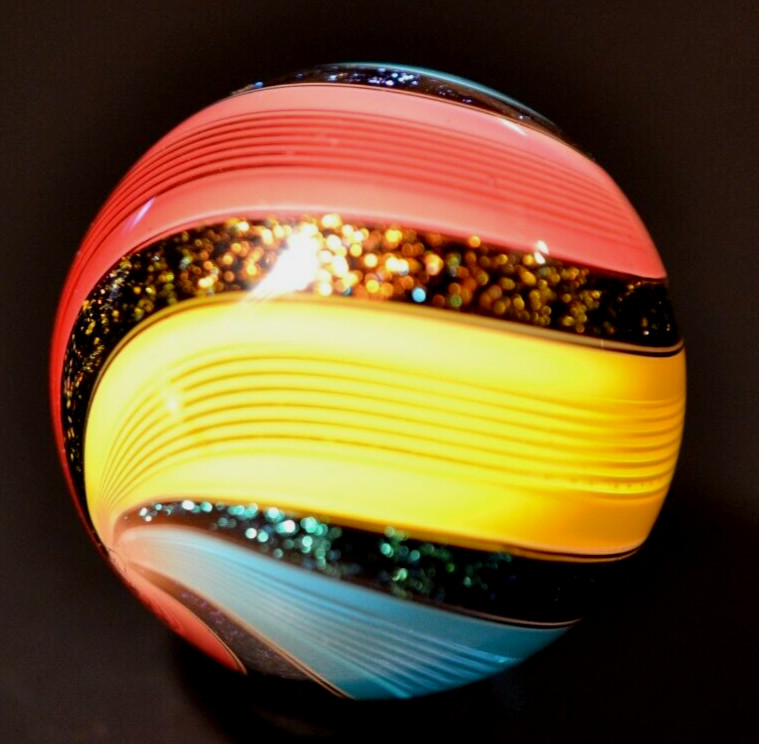 HOT HOUSE GLASS MARBLE/1.475″-TRIPLE BANDED FINE LINER-TURQ,SUNFLOWER,TOMAT0&DIC