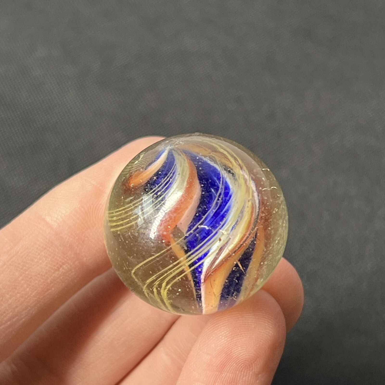 Vintage German Handmade Solid Core Swirl Marble 1.1” Blue Orange Swirl