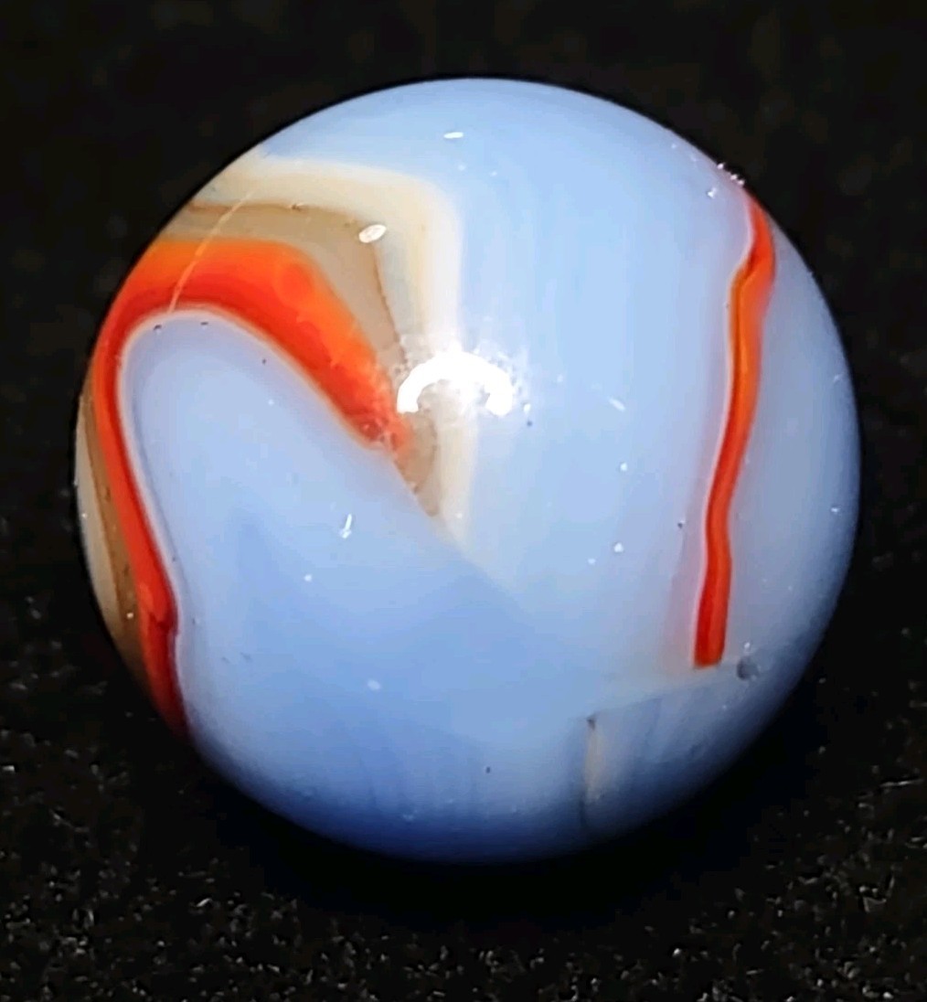 Robin Egg Blue w/ Orange 🔥 Red Peltier Rainbo Glass Vintage Marble .63″ Toy