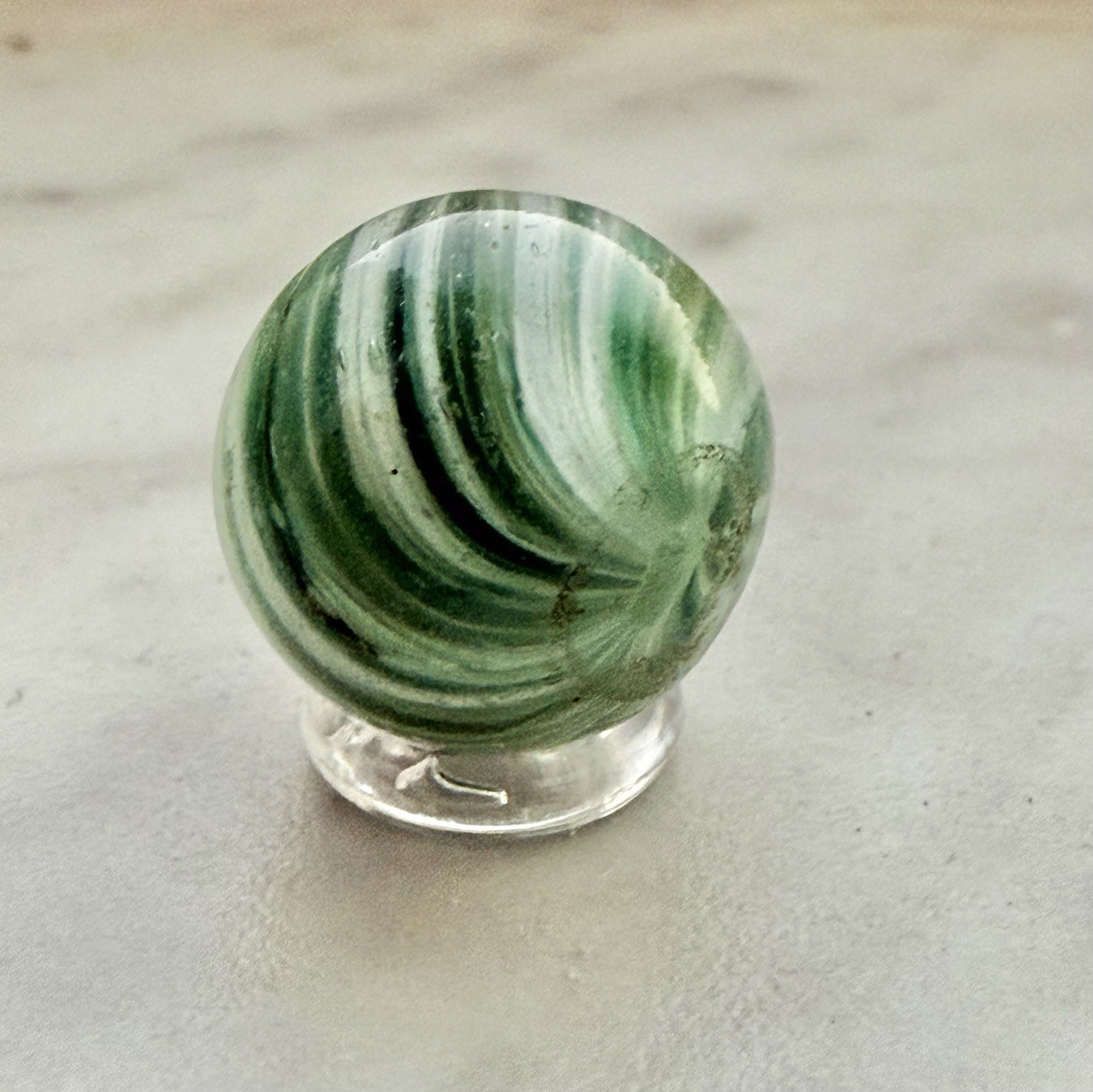 Antique German Handmade Onionskin Glass Marble Green Swirl 5/8” Ground Pontil