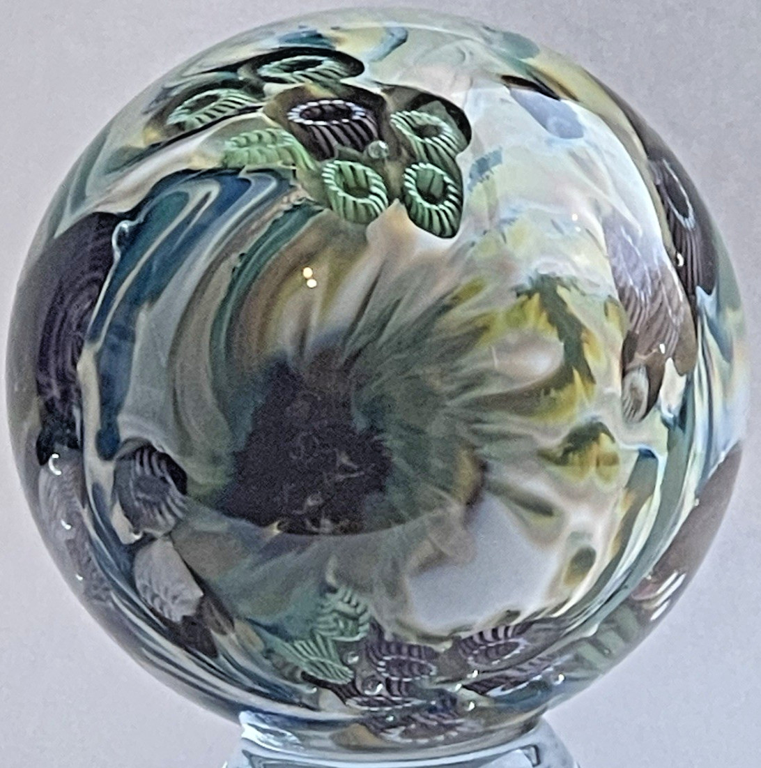 05 BOBBIE & EDDIE SEESE MARBLE SIGNED DICHROIC GLASS ART 1.95″ JELLYFISH FIELDS