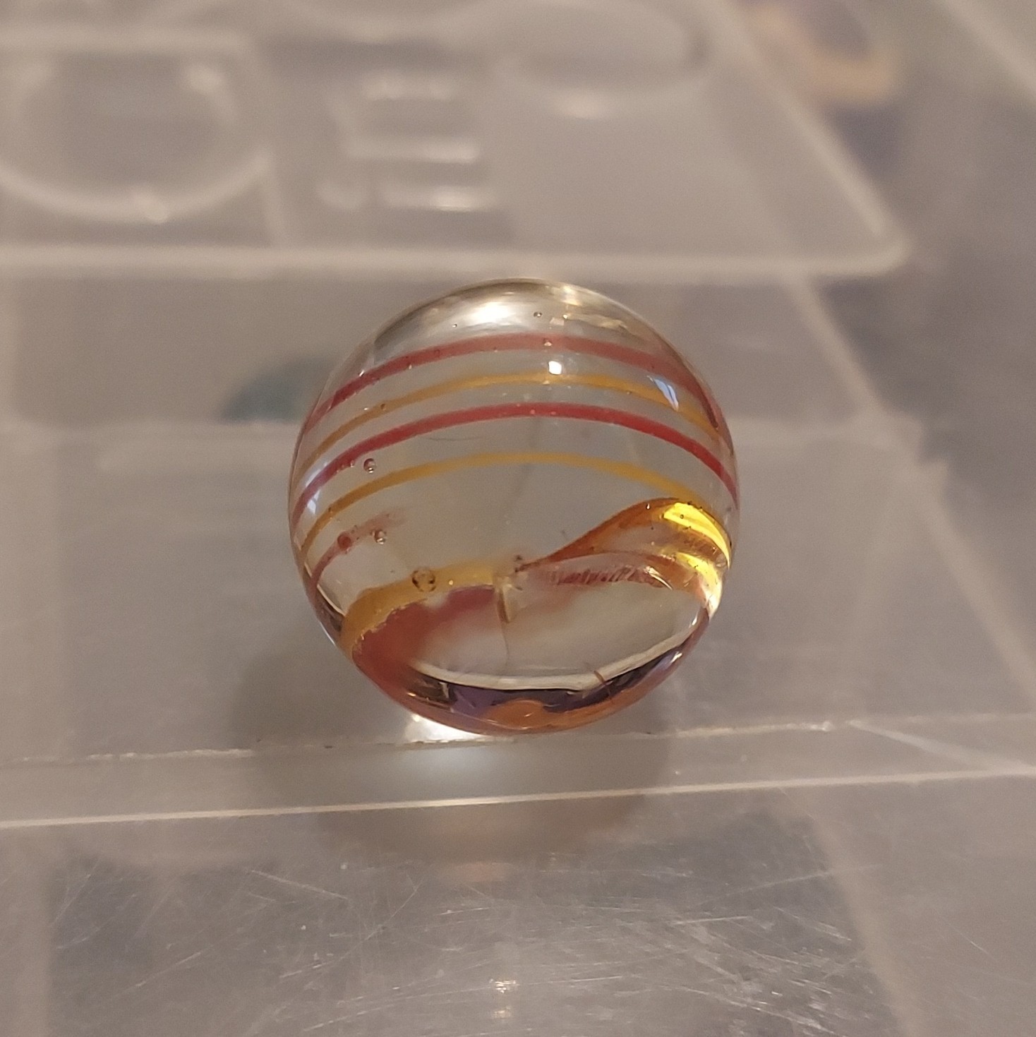 Clear Glass Swirl Toy Marble – Red Orange Yellow Ribbon Stripes, Ages 4+