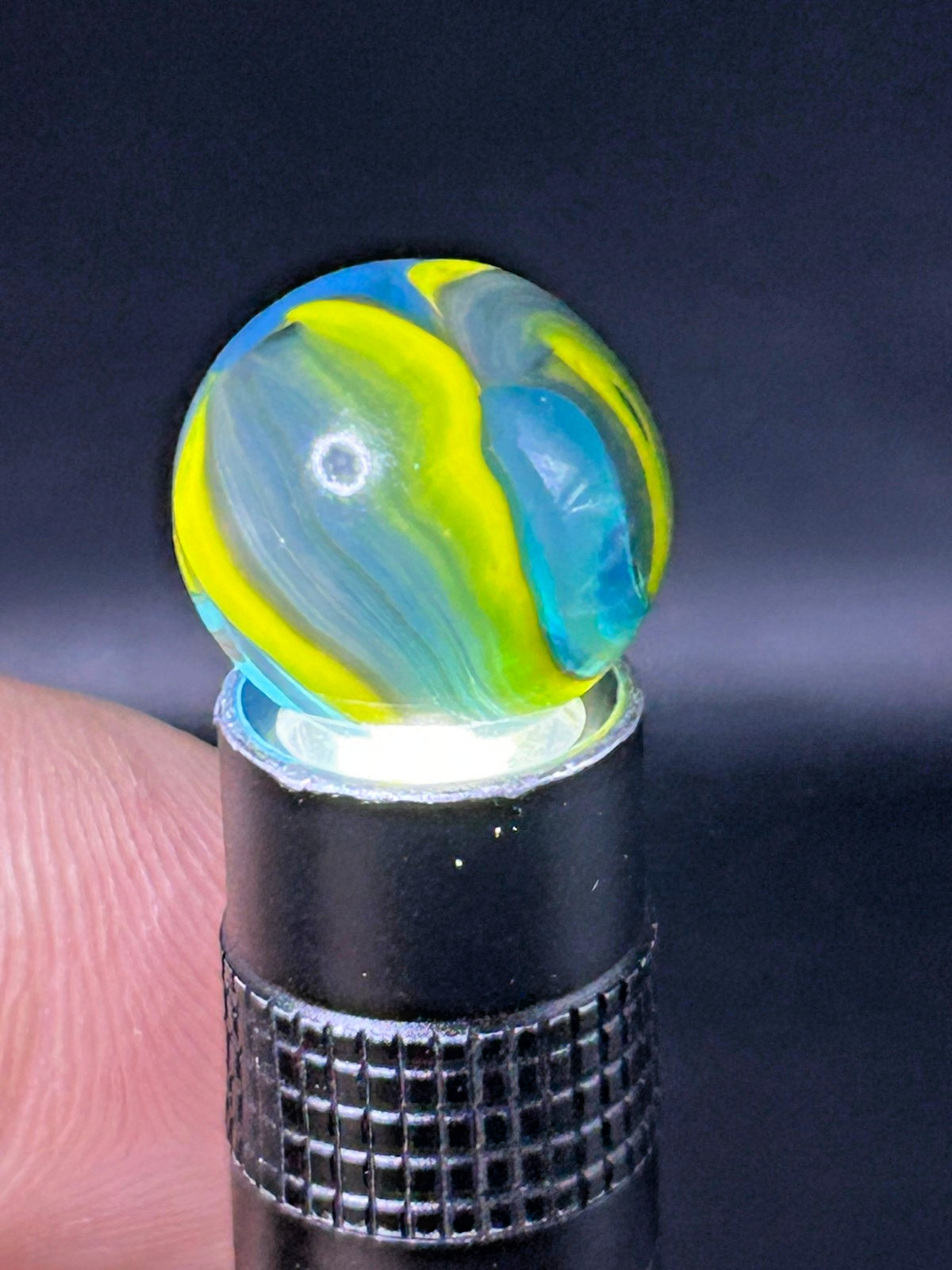 Vintage Christensen Agate (CAC) Swirl Marble, Blue/Yellow, .64″, Mint, #C3