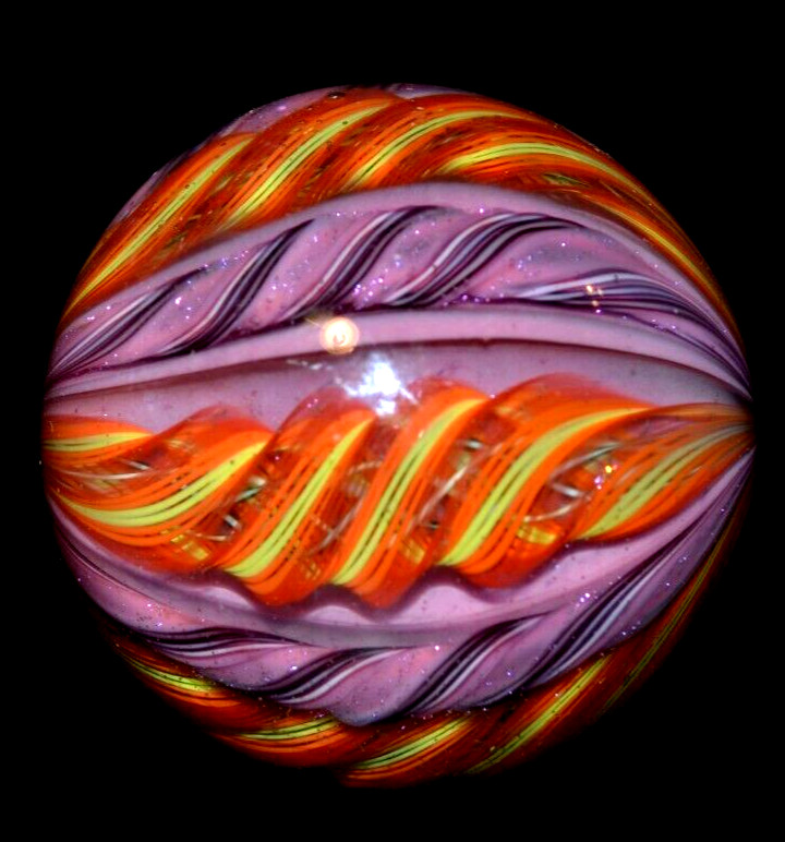 EDDIE SEESE GLASS MARBLE/2.128″-8 CANE FIRE & VIOLETS-ORANGE DICHROIC,MAGENTA +