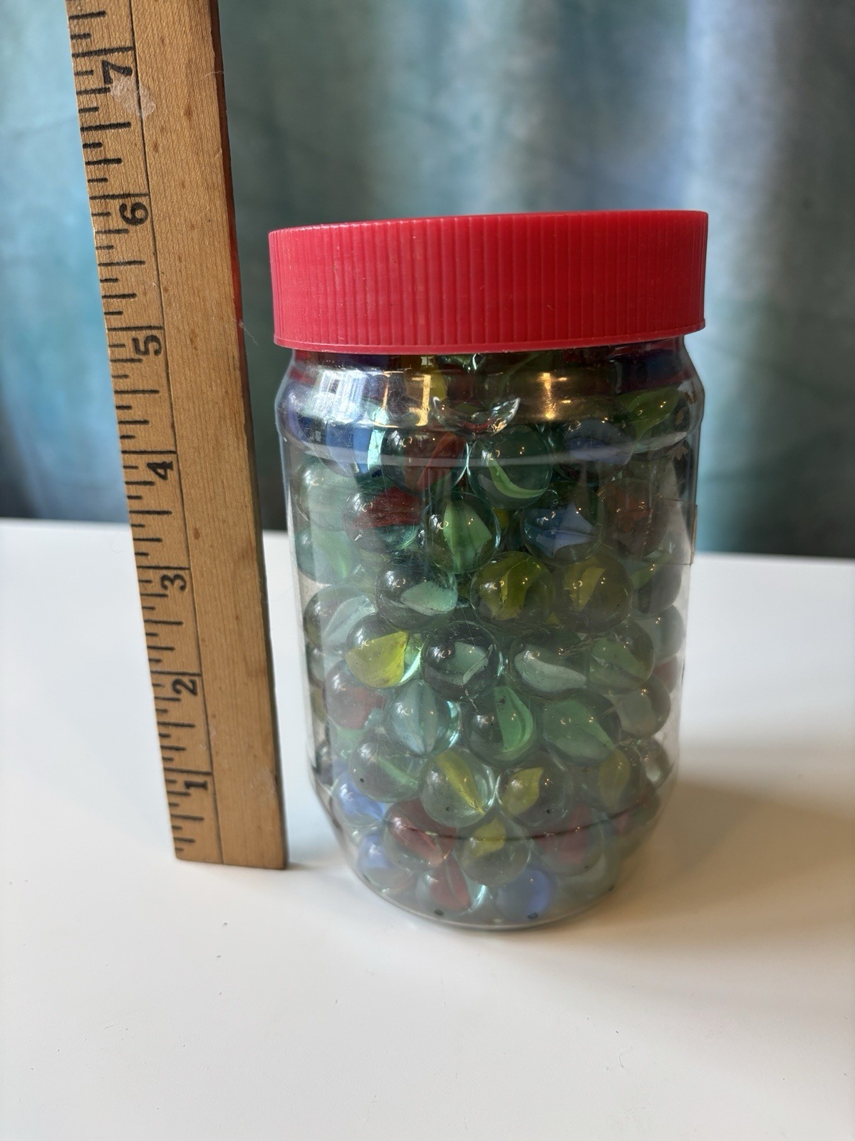 Vintage Cat Eye Glass Marbles Lot in Clear Plastic Jar Red Lid Colors Game