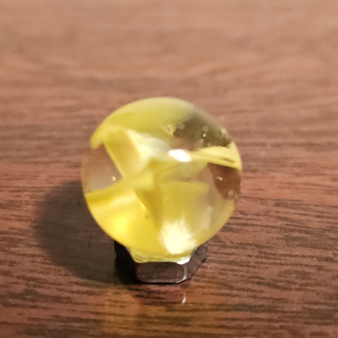 C E Bogard Yellow Cadmium Glow 4 Lobe Cats Eye Clear Glass .593 Marble