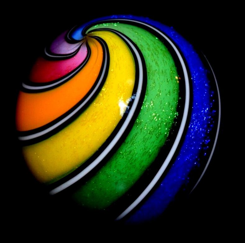 HOT HOUSE GLASS MARBLE/2.059″-DICHROIC BEACHBALL #598-TANGERINE,FUCHSIA,LAVENDER