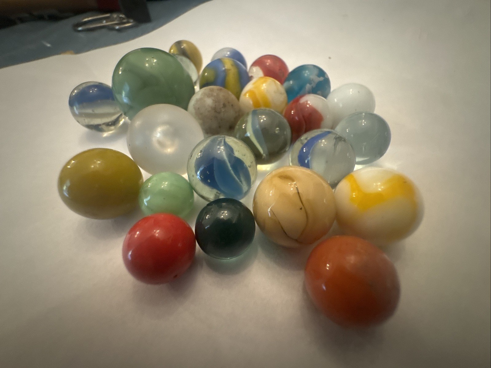Vintage Mixed Glass Marble Collection 24 Marbles: One Shooter, Cat’s Eye, Swirl