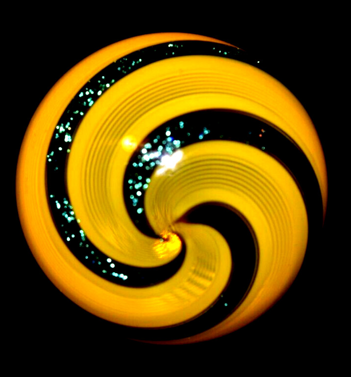 HOT HOUSE GLASS MARBLE/1.712″-SUNFLOWER W/TURQUOISE BANDED FINE LINER #319-FAST