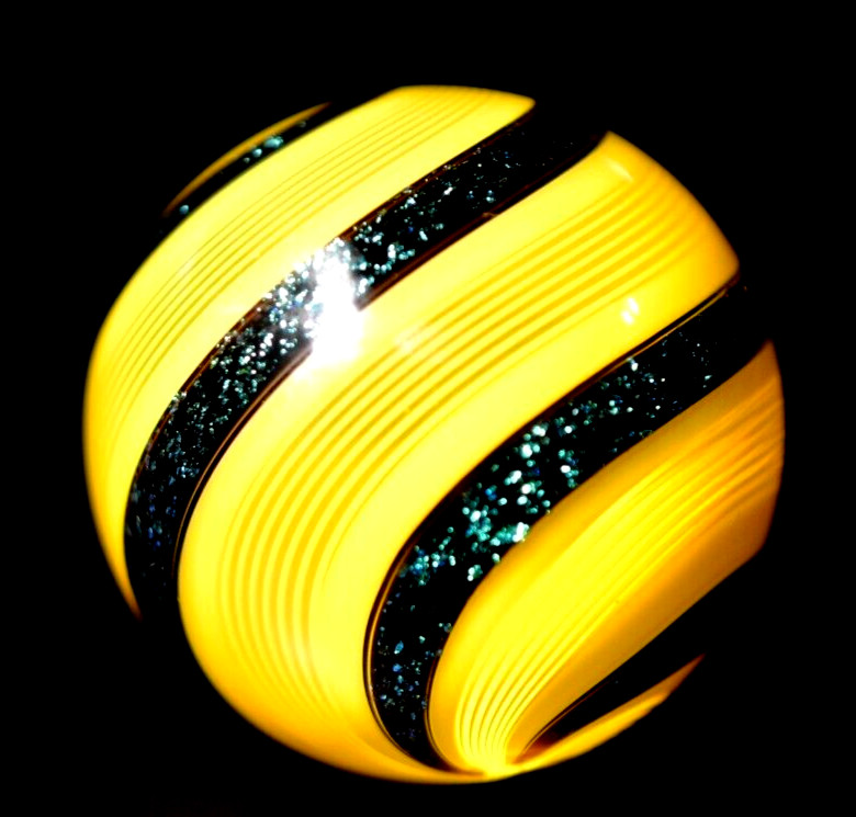 HOT HOUSE GLASS MARBLE/1.712″-SUNFLOWER W/TURQUOISE BANDED FINE LINER #319-FAST