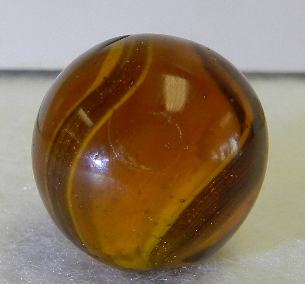 #18549m Large .77 Inches Vintage German Handmade Amber Glass Ribbon Lutz Marble