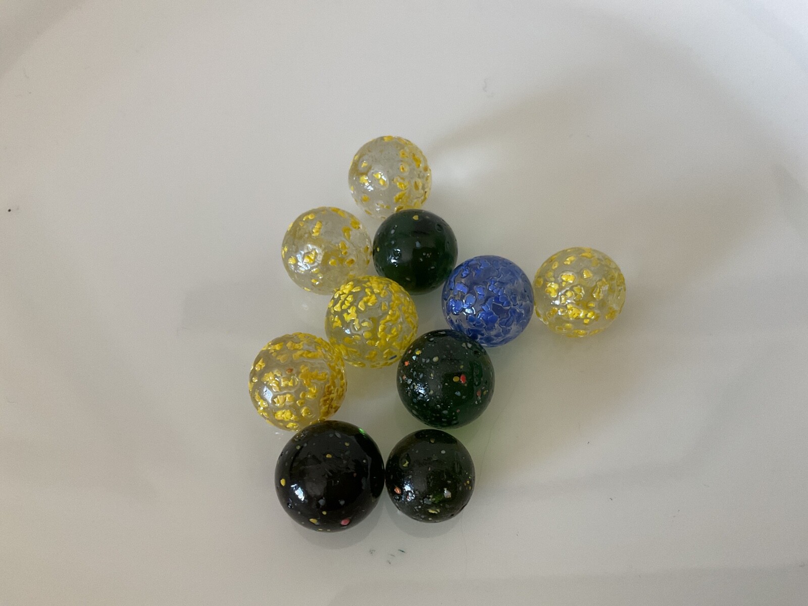 10 Glass Marbles star dust Speckled yellow blue and green with colored speckles