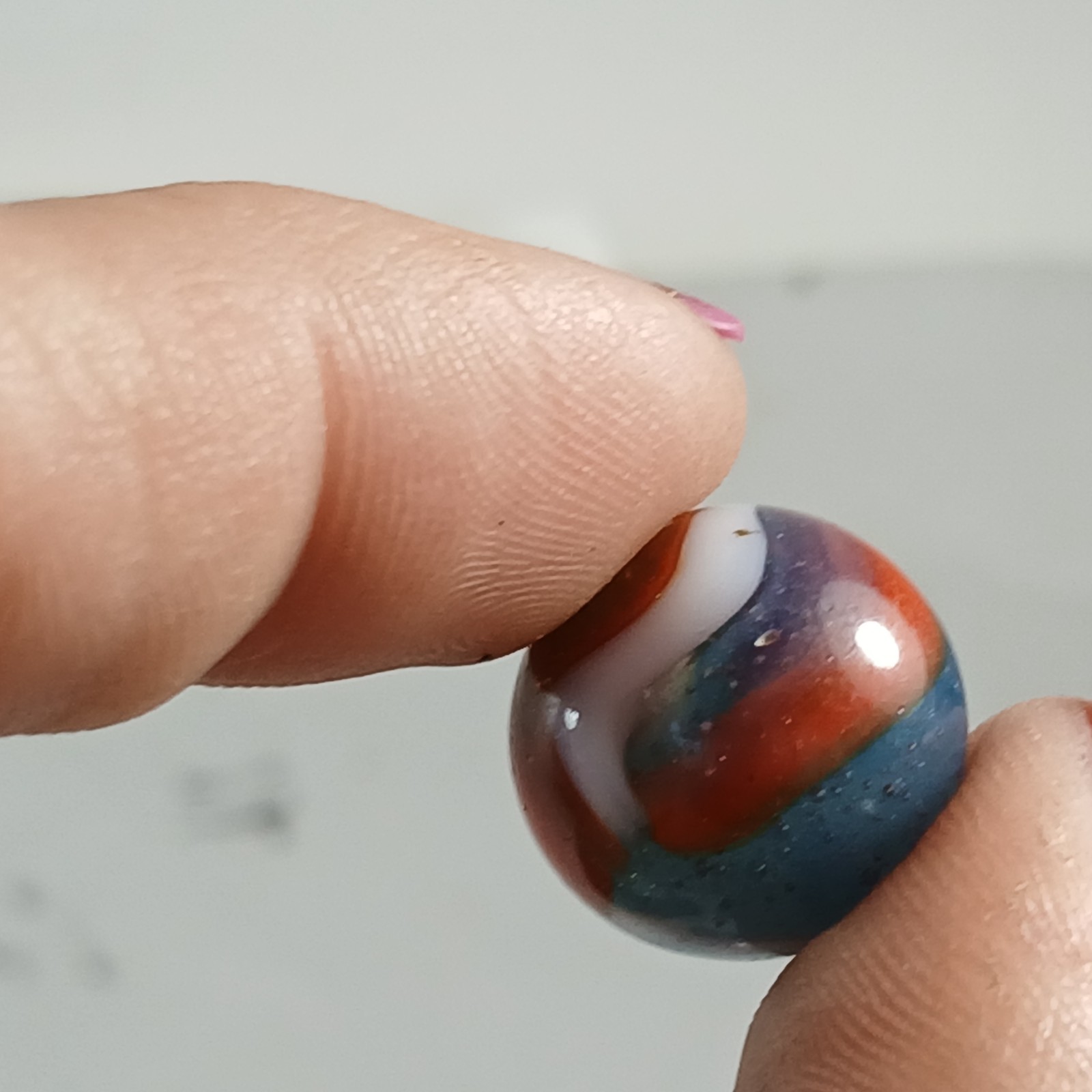Vintage Peltier Glass Rainbo Marble – Baby Blue Red & White – .59″ Very Nice!