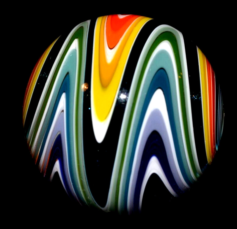 GEORGE BECK GLASS MARBLE/1.975″STUNNING WIG-WAG-APRICOT,DARK BLUE LUTZ,MINT,TEAL
